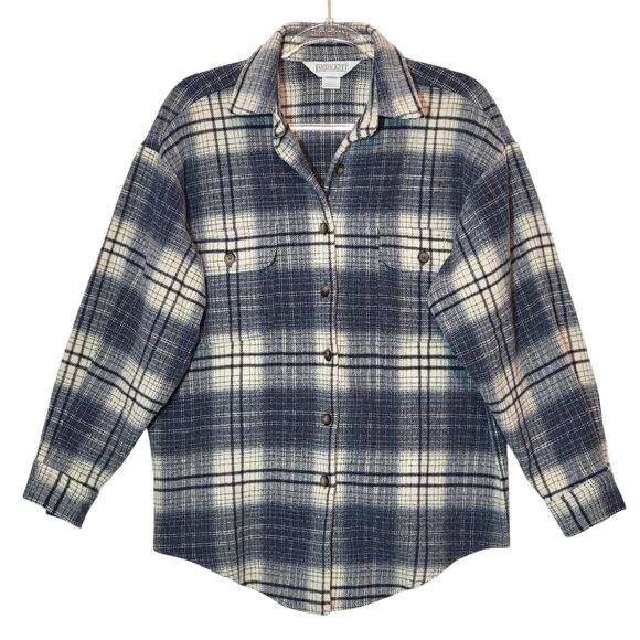 Lands End Plaid Wool Blend Shacket Blue White Button Down Size S Cozy Fall - Picture 13 of 13
